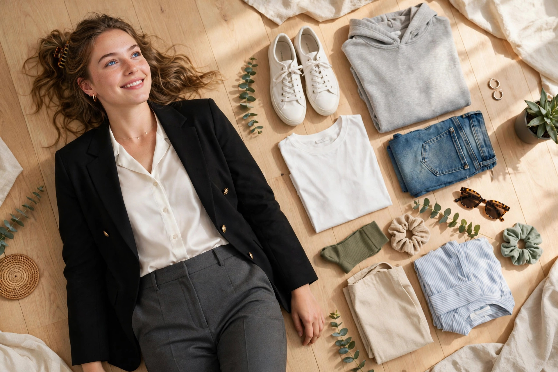 Ceiling Fan Outfit Transition creator lying on floor in smart outfit beside casual clothes