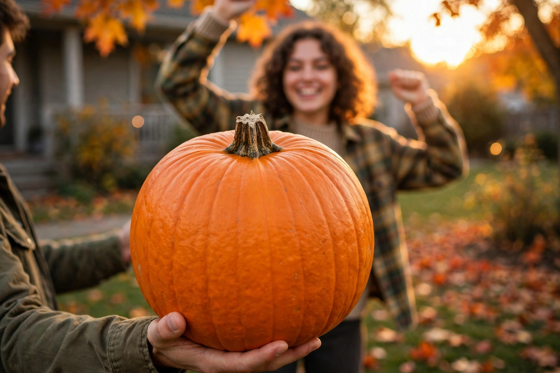 Pumpkin Head Illusion reel with a pumpkin held in front of a dancer at golden hour
