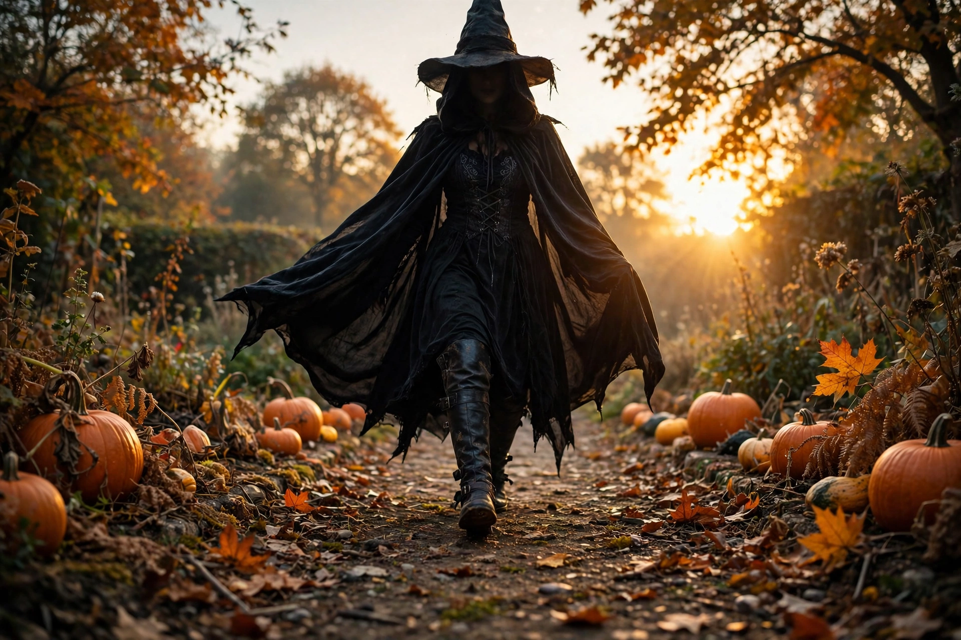 Ramalama Costume Walk witch costume walking toward camera at dusk