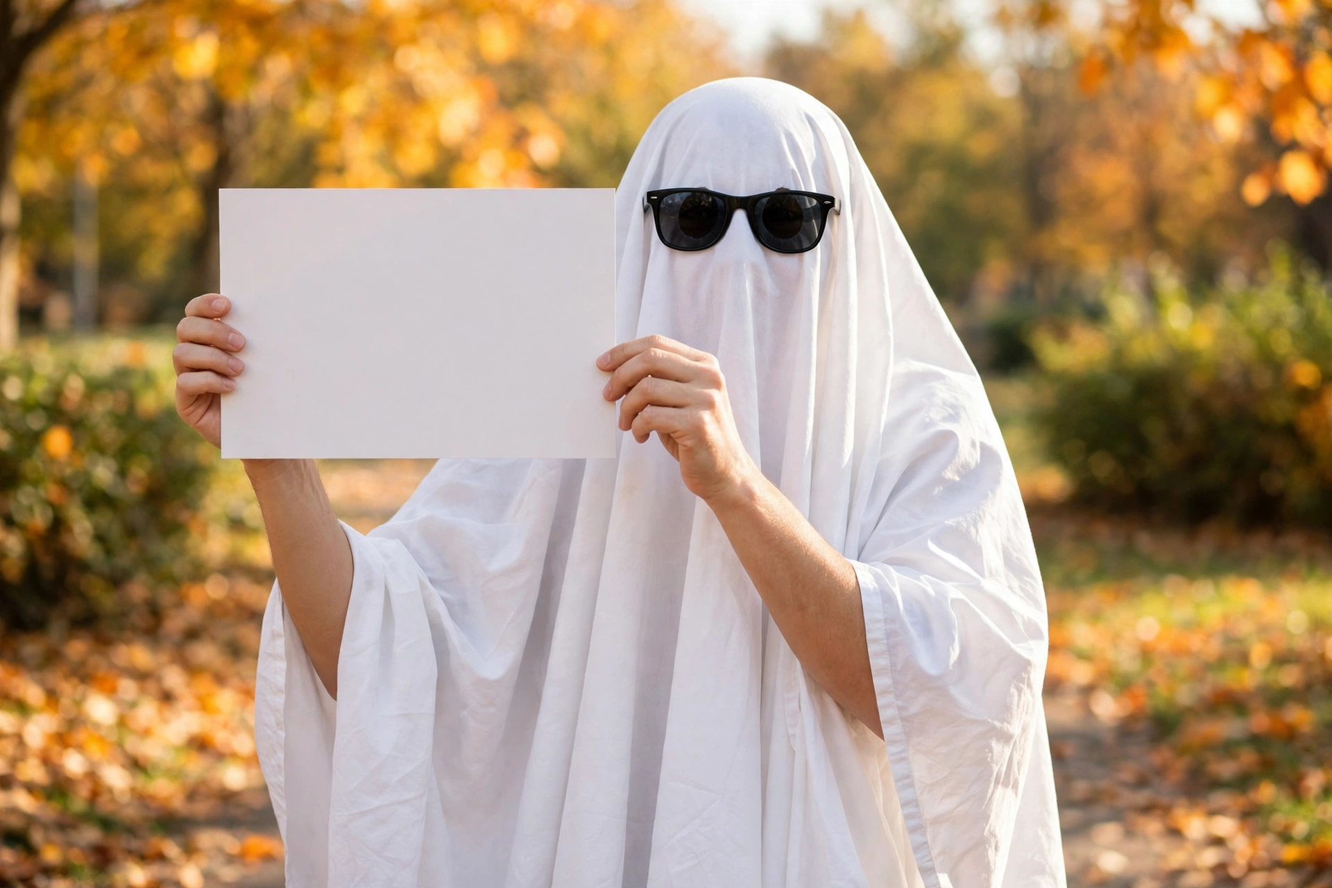 Things You Should Definitely Ghost sheet ghost holding a sign in autumn light
